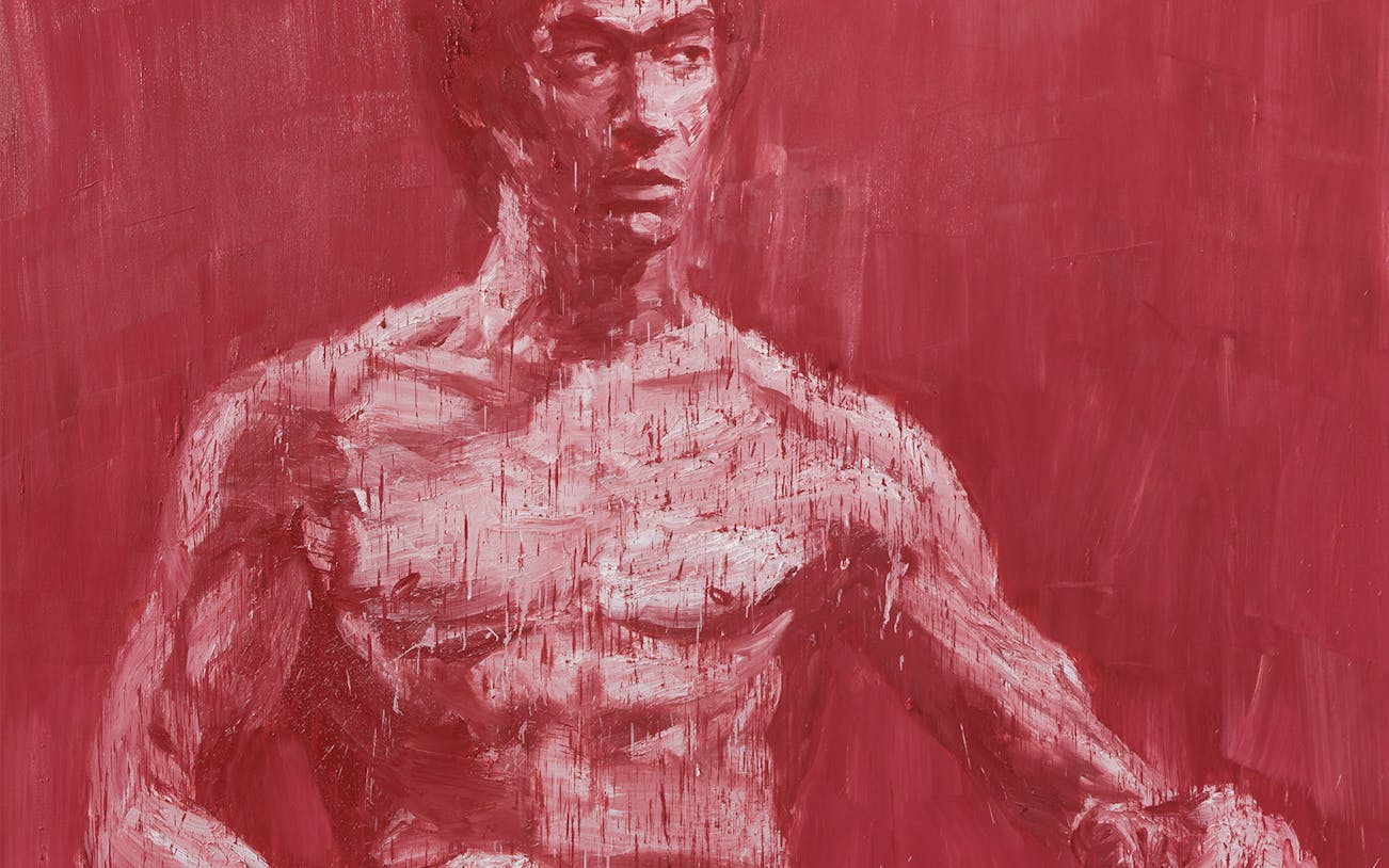 Painting by Yan Pei-Ming at Palazzo Strozzi exhibition, featuring a red-toned portrait.