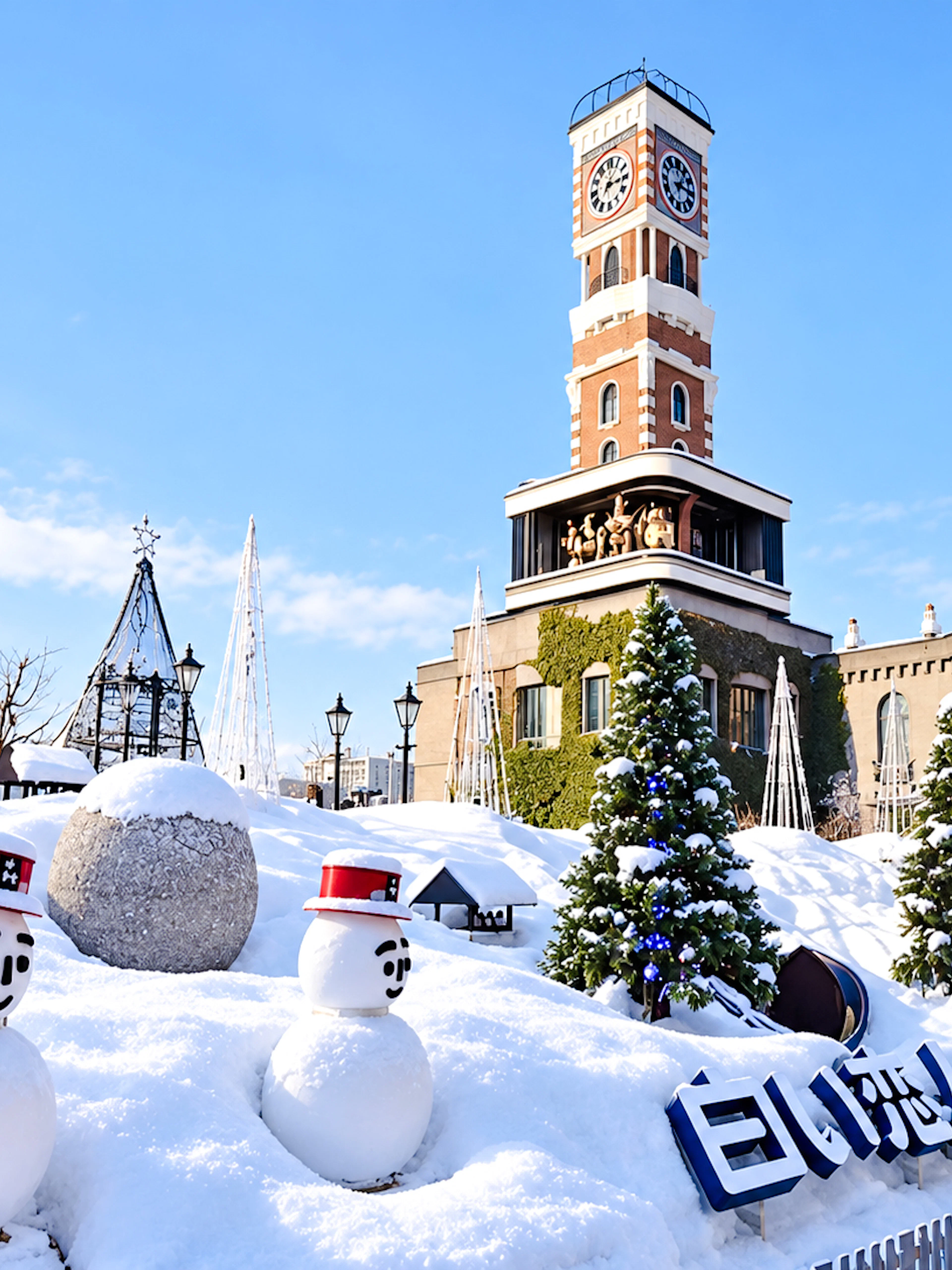 Snow-covered Shiroi Koibito Park with snowmen and clock tower in Sapporo, Hokkaido.