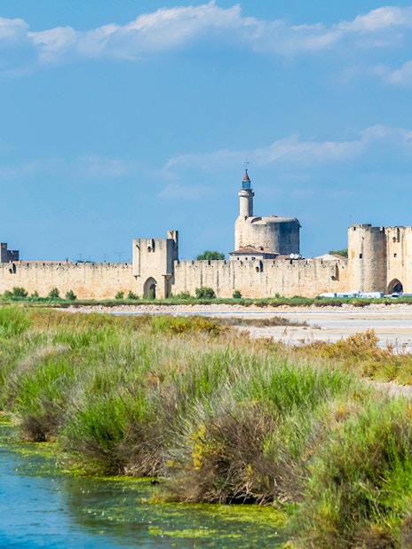 Towers and ramparts of Aigues-Mortes with surrounding landscape and waterway.