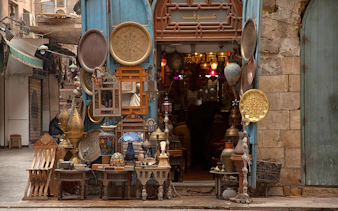 Lanterns and brassware displayed outside a shop in Khan El Khalili market, Cairo.