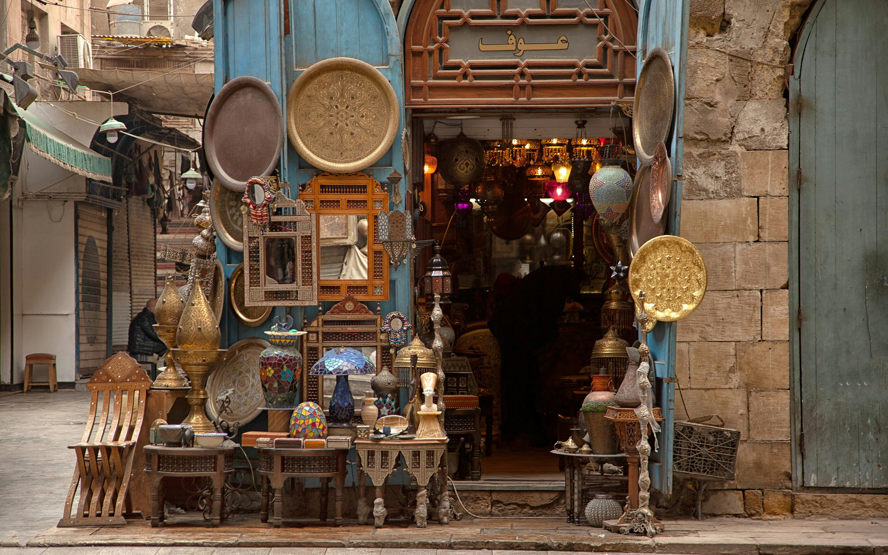 Lanterns and brassware displayed outside a shop in Khan El Khalili market, Cairo.