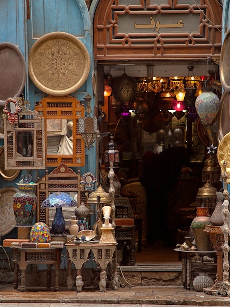 Lanterns and brassware displayed outside a shop in Khan El Khalili market, Cairo.