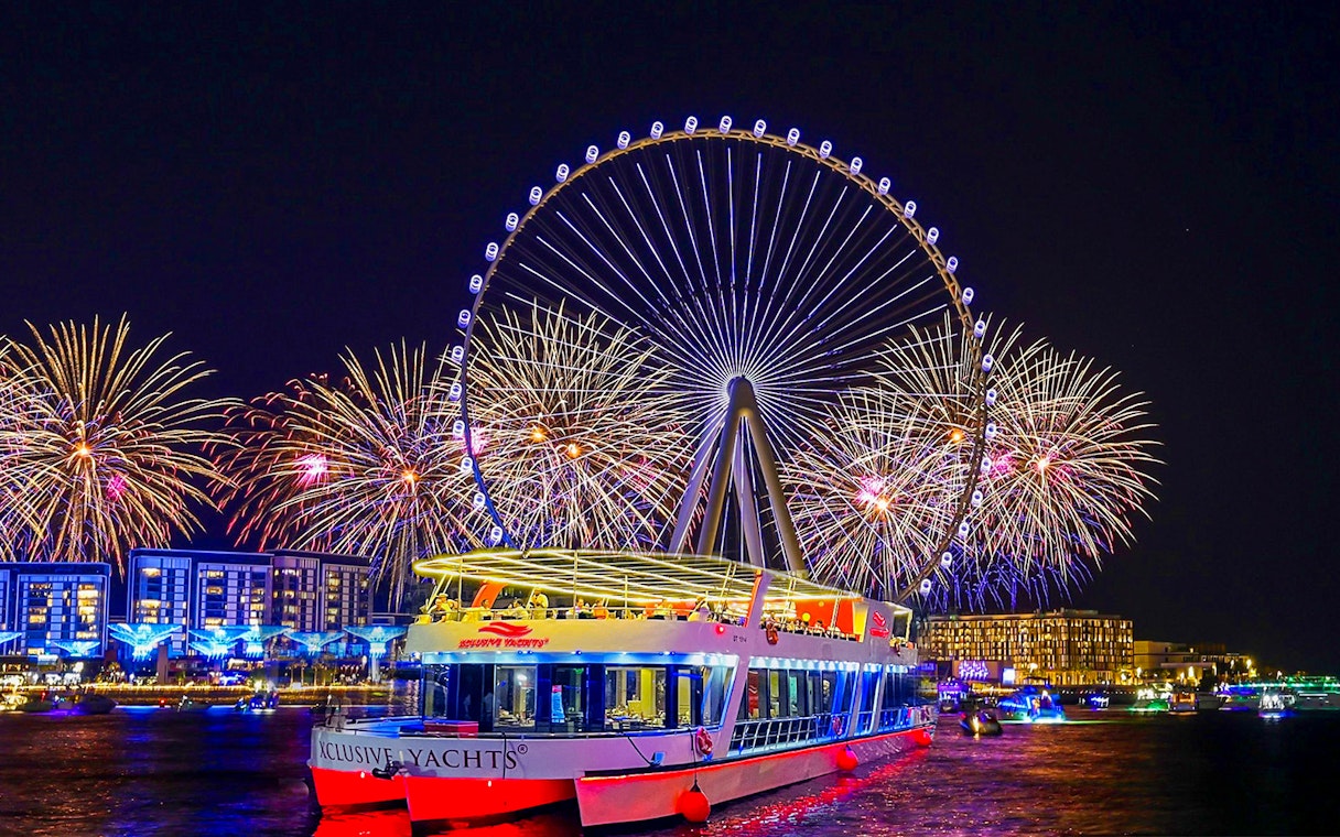 Boat party with fireworks near Ain Dubai on New Year's Eve.