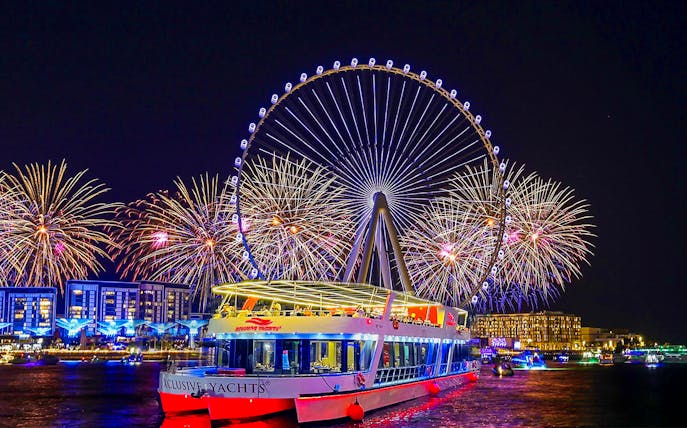 Boat party with fireworks near Ain Dubai on New Year's Eve.