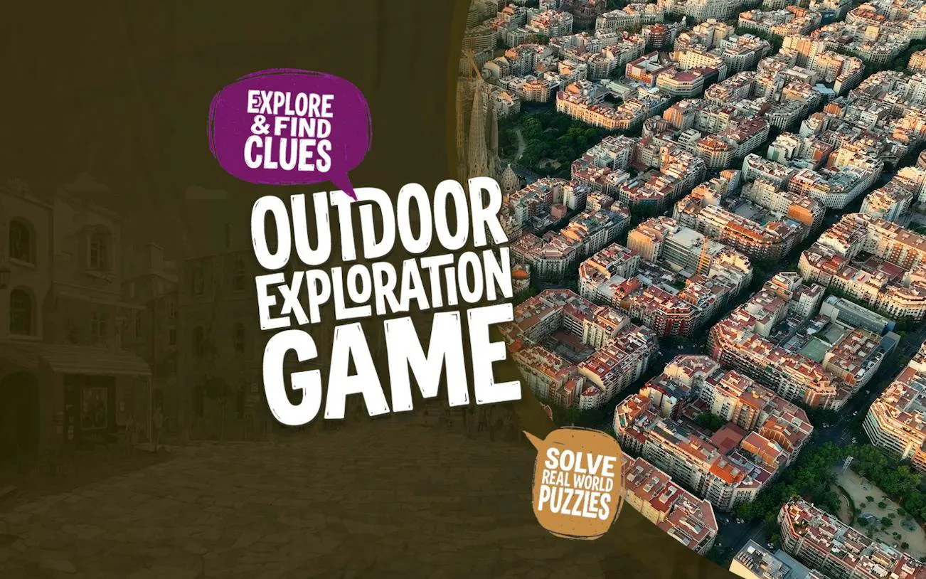 Barcelona cityscape with text promoting a self-guided exploration game.