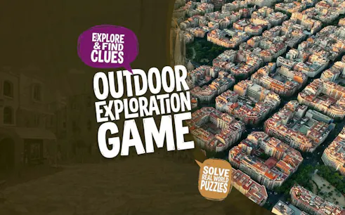 Barcelona cityscape with text promoting a self-guided exploration game.