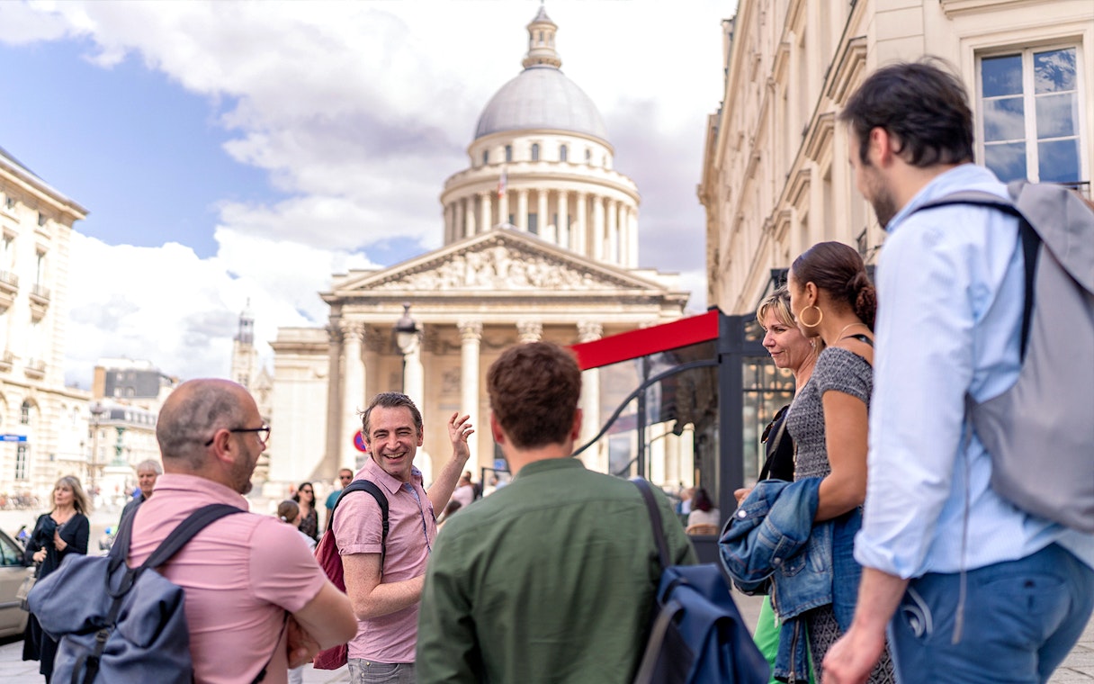 Tourists on a guided walking tour in the Latin Quarter, Paris, near the Panthéon.