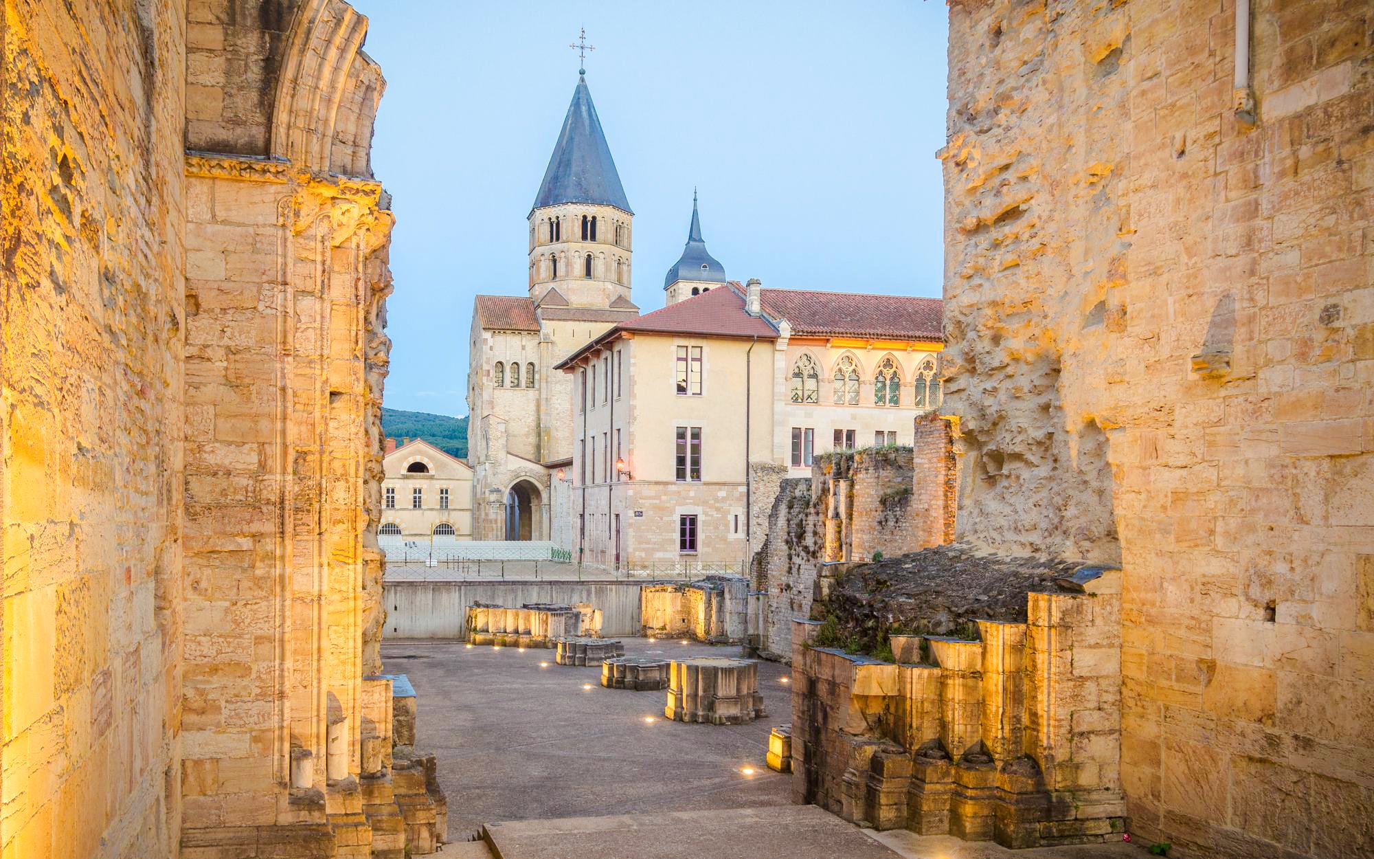 Cluny Abbey courtyard with historic architecture, Lyon, France.