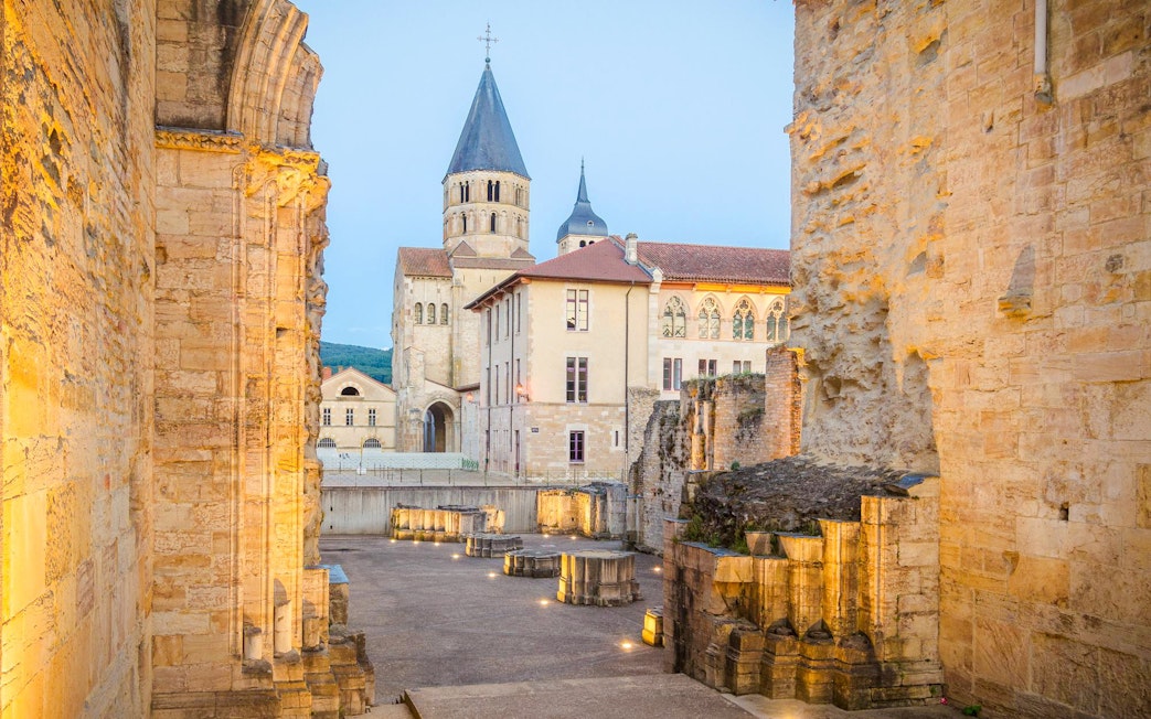Cluny Abbey courtyard with historic architecture, Lyon, France.