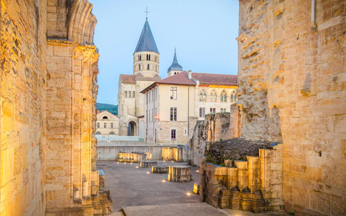 Cluny Abbey courtyard with historic architecture, Lyon, France.