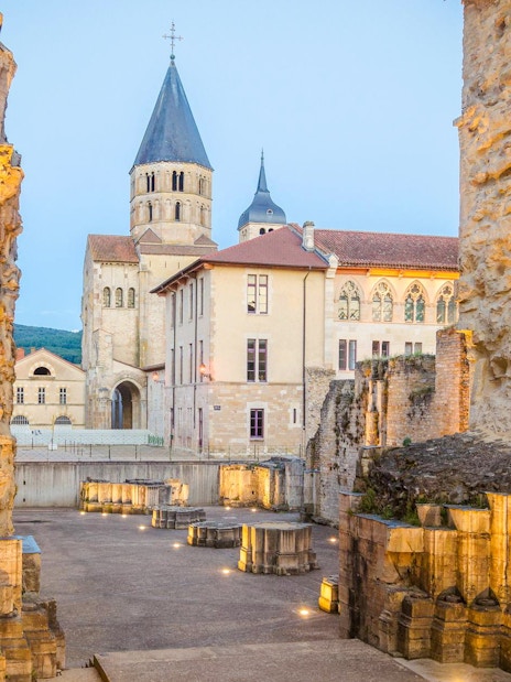 Cluny Abbey courtyard with historic architecture, Lyon, France.