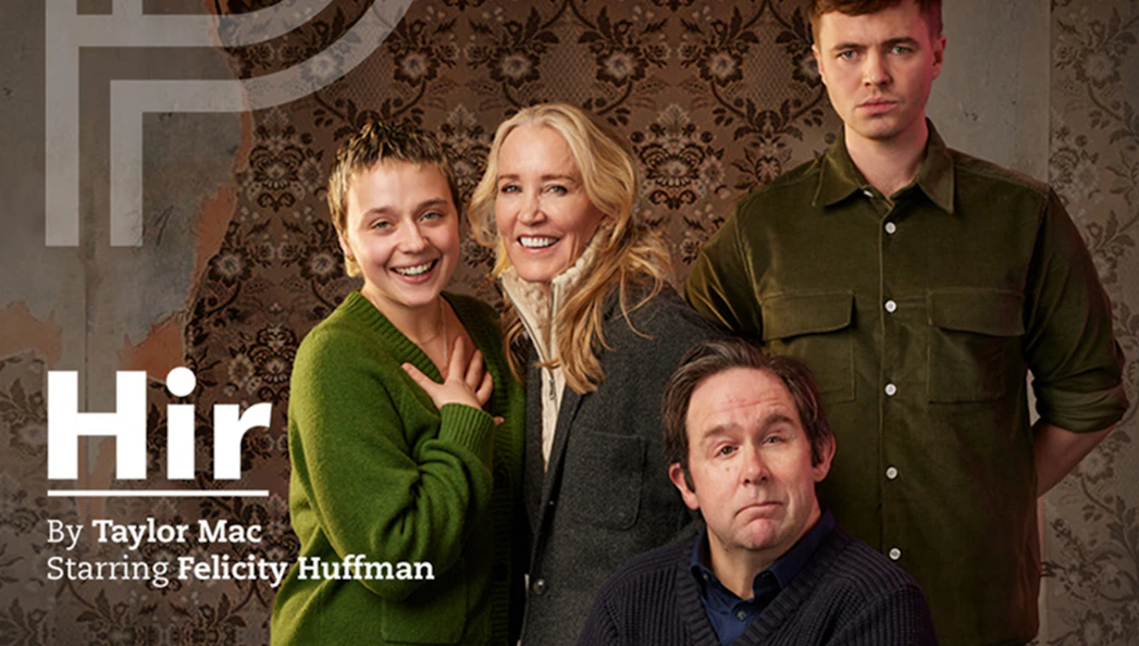 Cast of the play "Hir" by Taylor Mac, featuring four actors in front of a patterned wall.