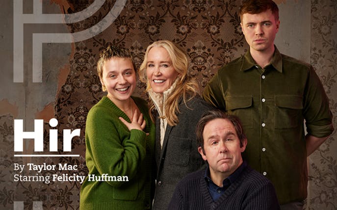 Cast of the play "Hir" by Taylor Mac, featuring four actors in front of a patterned wall.