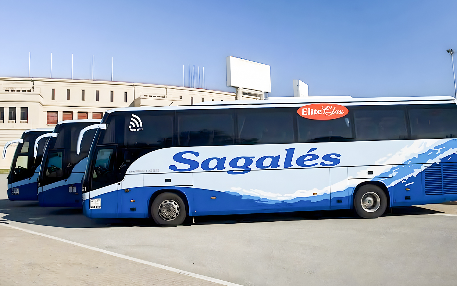 Bus at Girona Airport for transfer to Barcelona City Center.