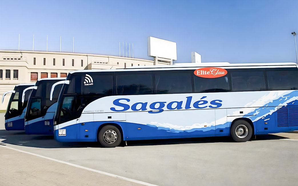 Bus at Girona Airport for transfer to Barcelona City Center.