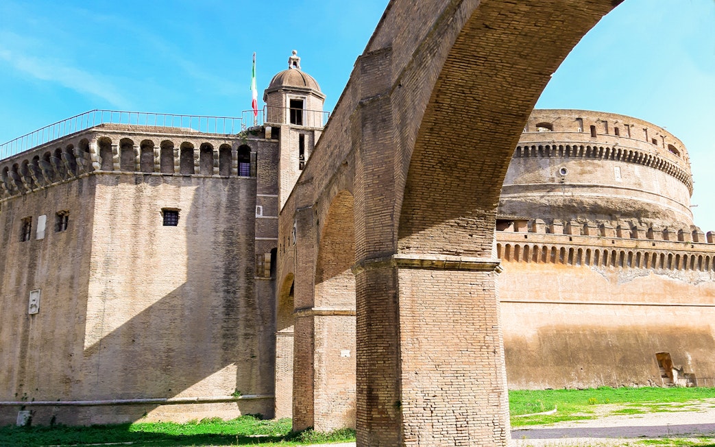 Passetto di Borgo's ancient brick architecture in Rome, Italy.