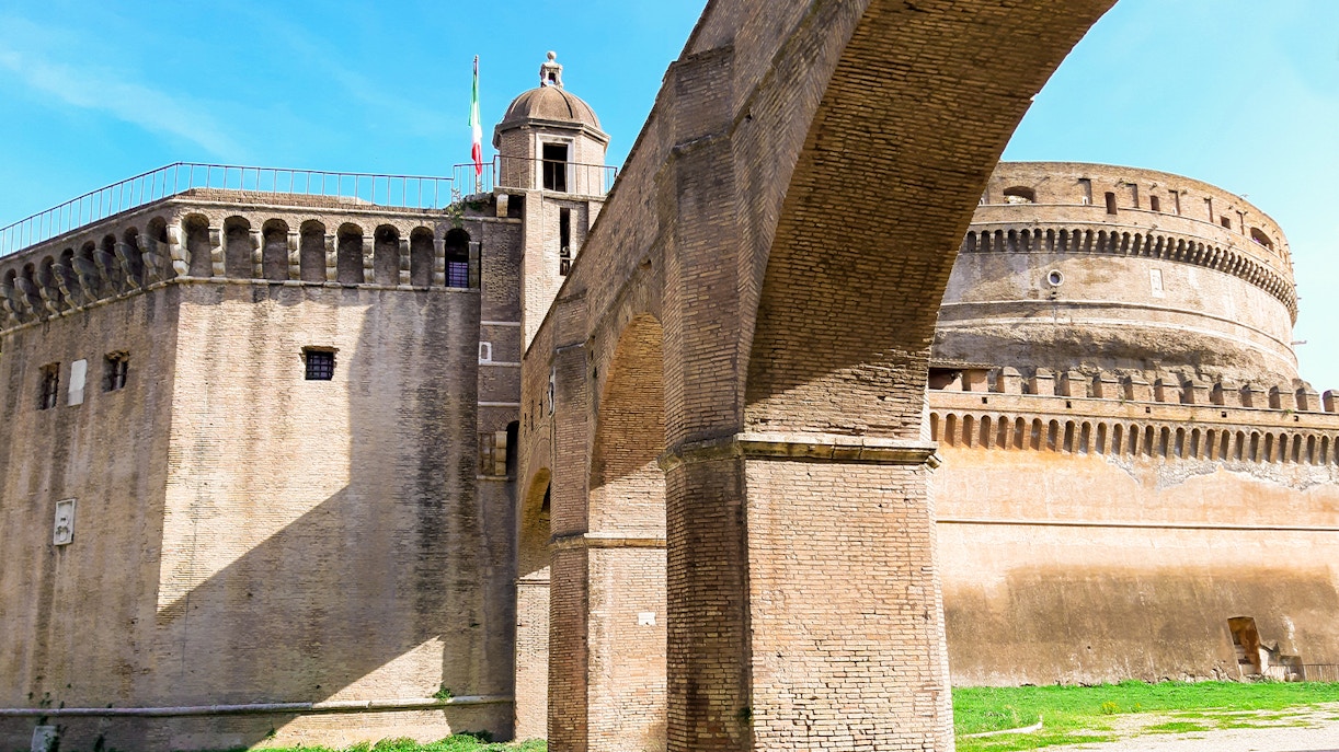 Passetto di Borgo's ancient brick architecture in Rome, Italy.