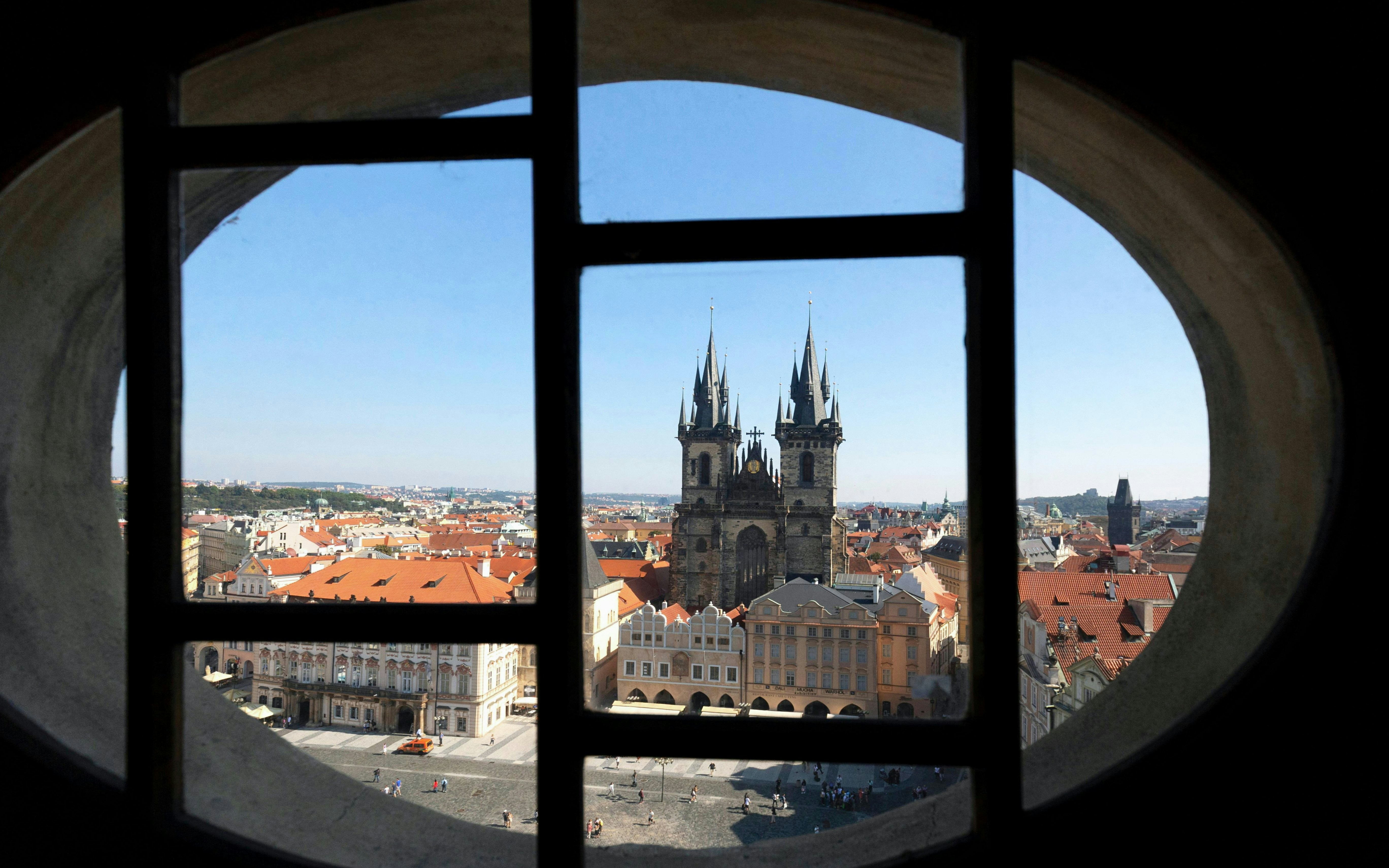 View of Church of Our Lady before Tyn through Prague Astronomical Clock window.