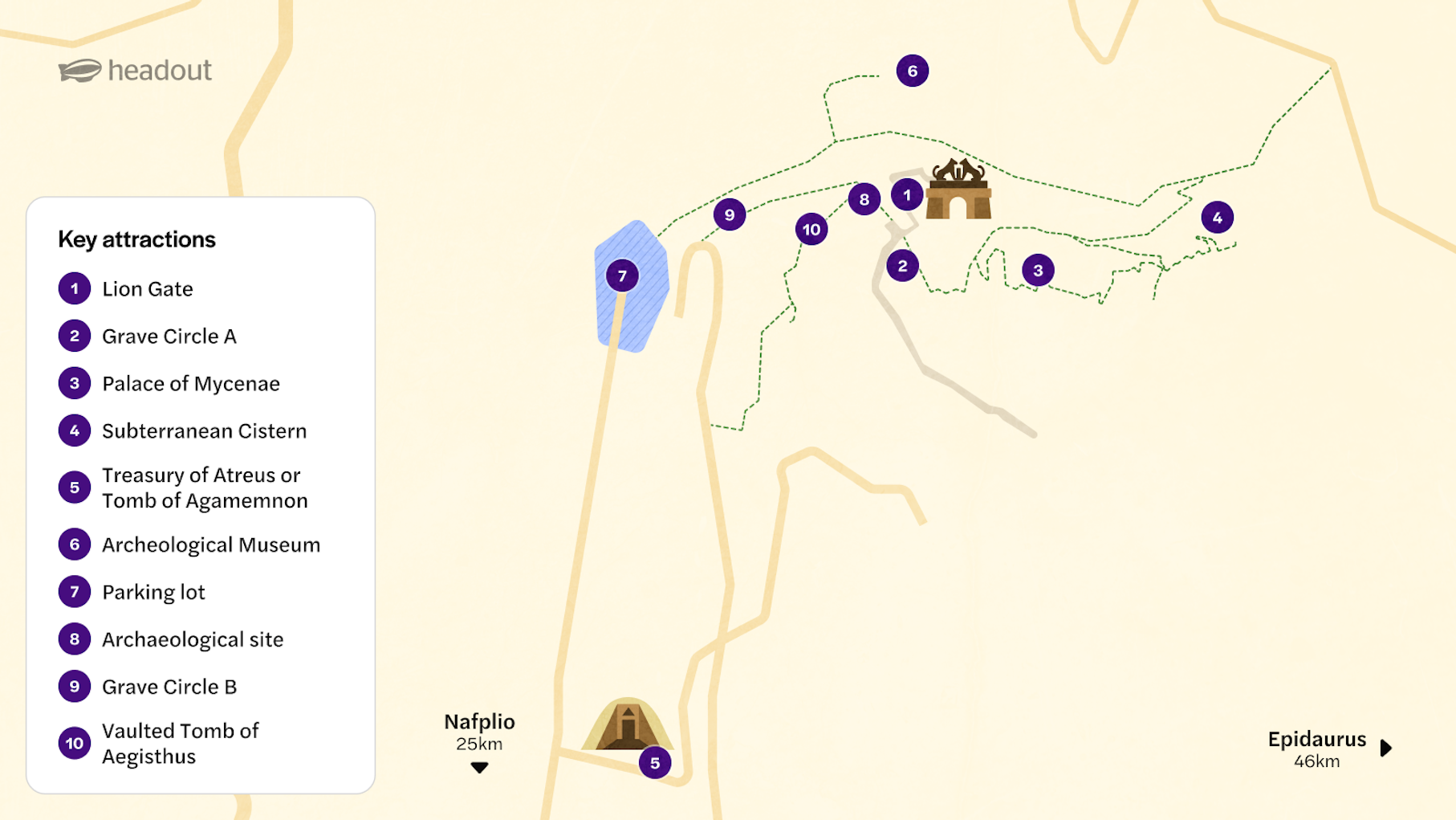 Map of Mycenae highlighting key attractions like Lion Gate and Palace of Mycenae.