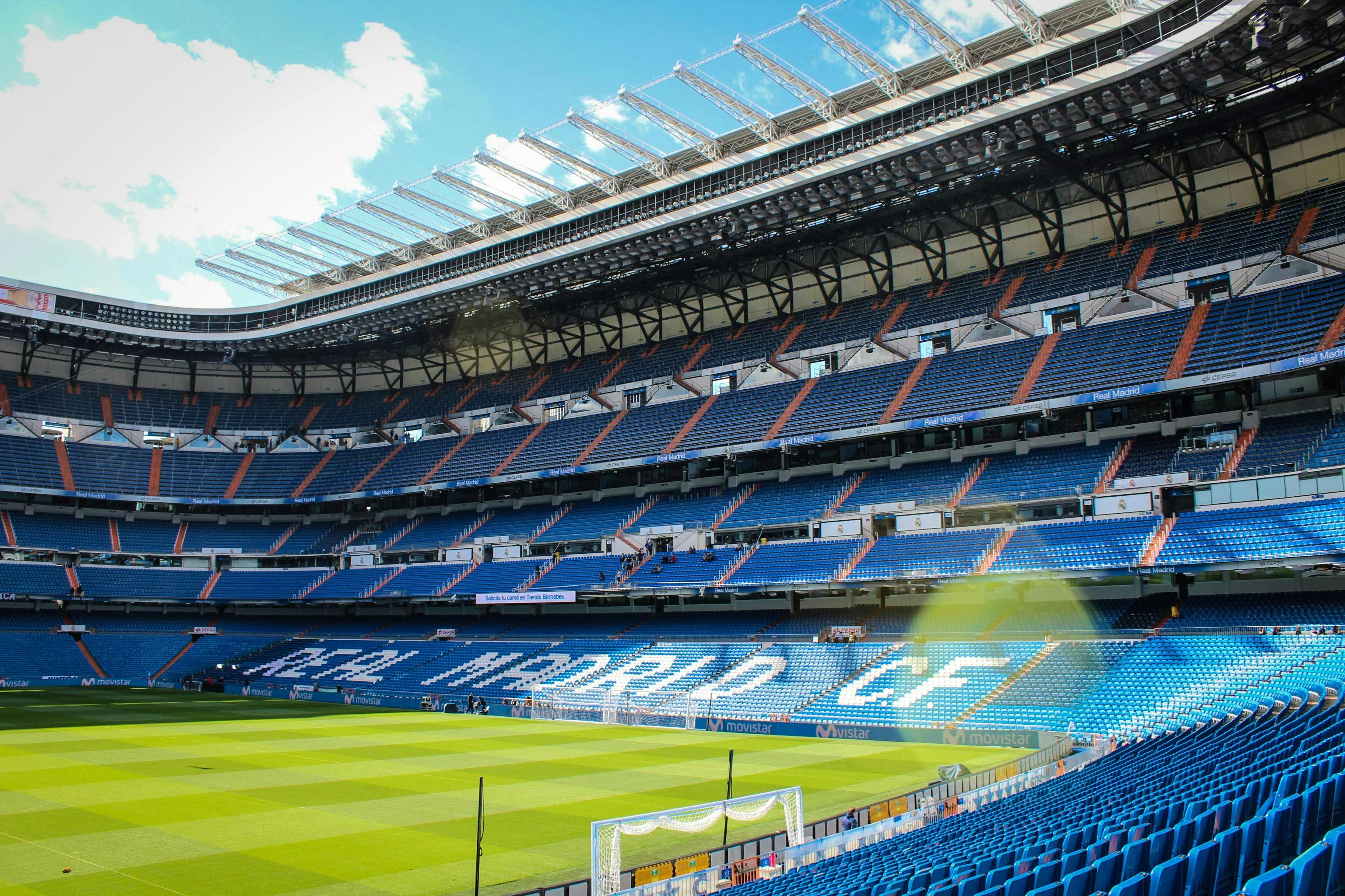 Santiago Bernabeu Stadium empty stands and field in Madrid, Spain.