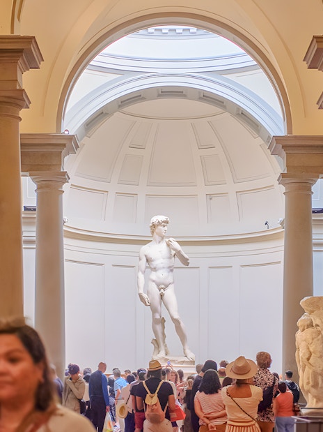 Crowd viewing Michelangelo's David in the Hall of Prisoners, Accademia Gallery, Florence.