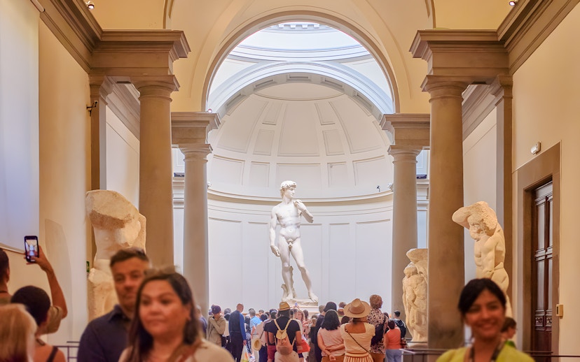 Crowd viewing Michelangelo's David in the Hall of Prisoners, Accademia Gallery, Florence.