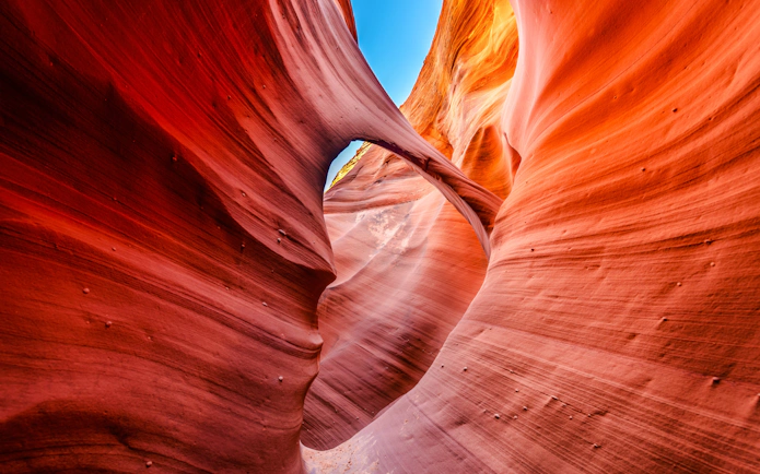 Curved sandstone walls in Rattlesnake Canyon, Arizona, with vibrant red hues.