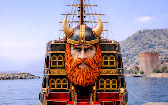 Pirate-themed boat with Viking face docked in Alanya, Turkey, near historic tower.