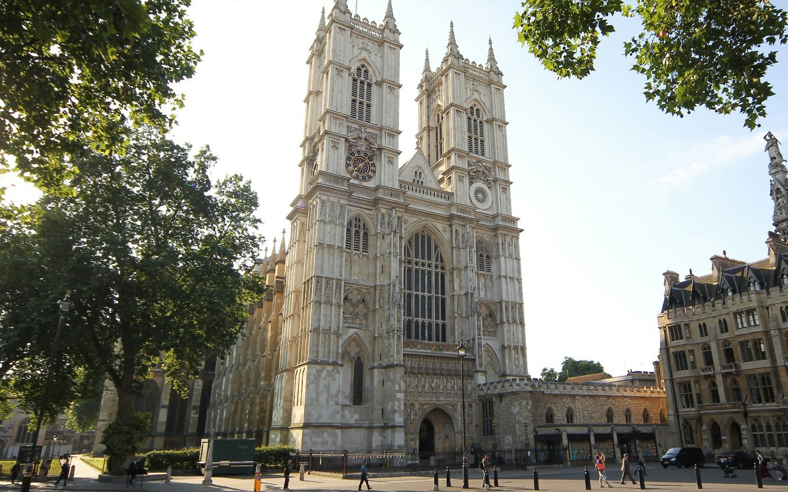 Westminster Abbey facade with twin towers in London.