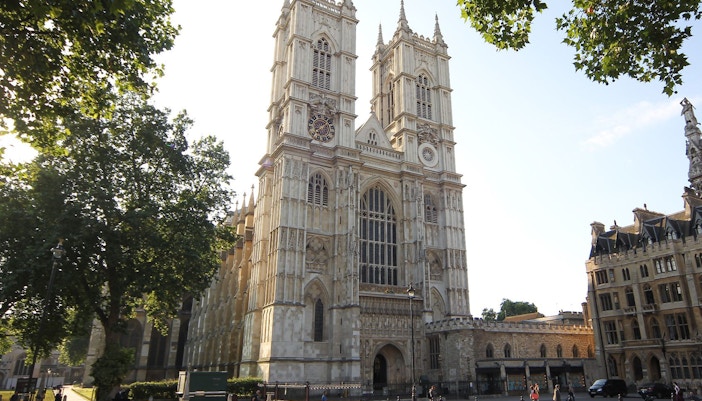 Westminster Abbey facade with twin towers in London.