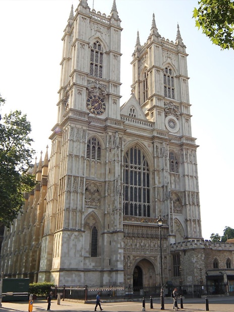 Westminster Abbey facade with twin towers in London.