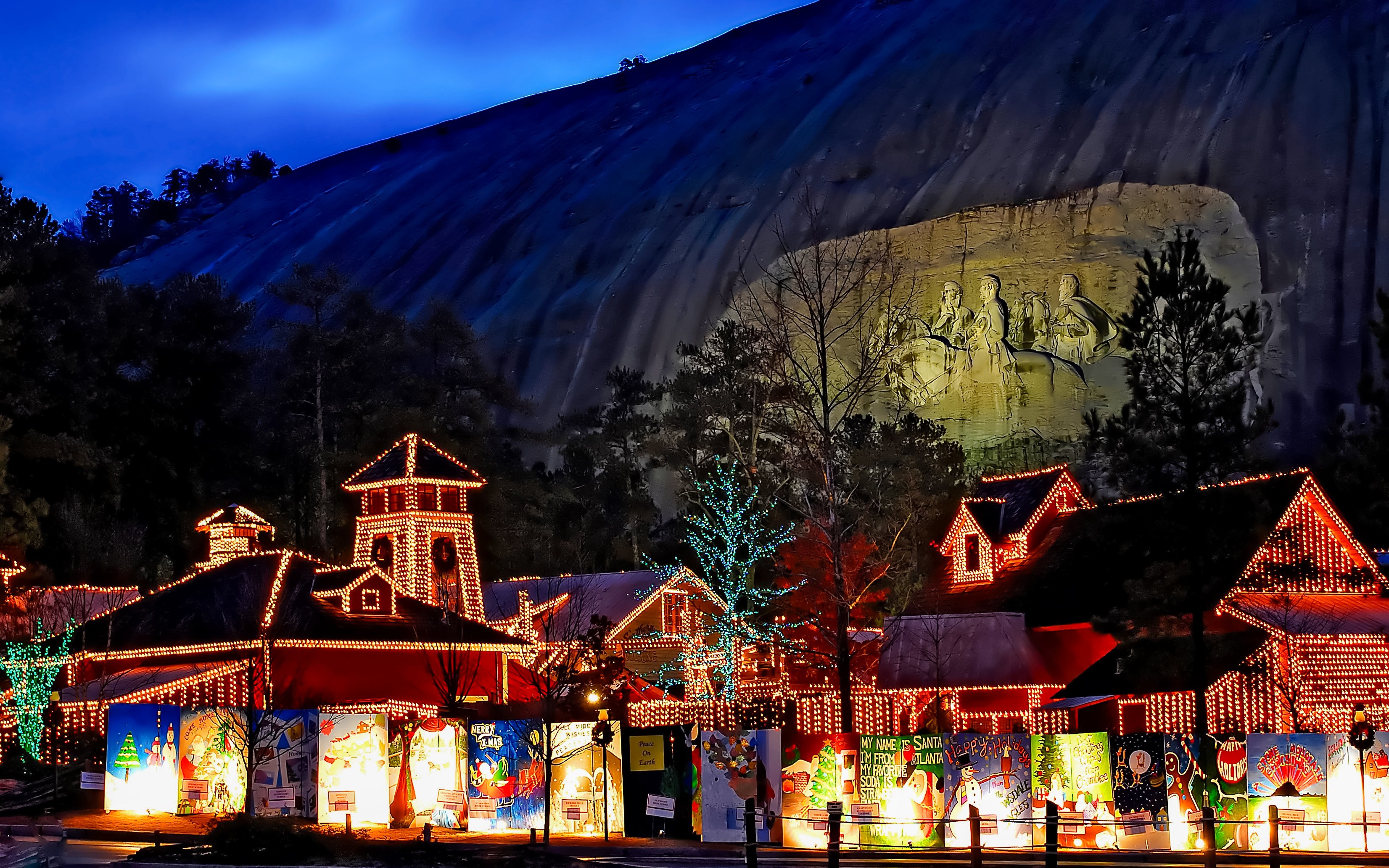 Stone Mountain Christmas lights display with illuminated carvings in Atlanta.