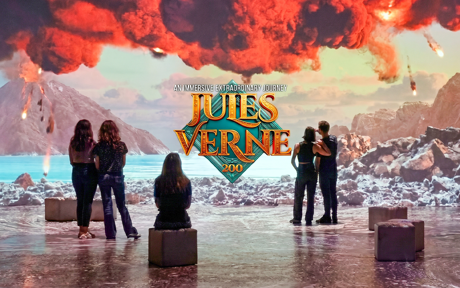 Visitors experience Jules Verne 200 immersive volcanic eruption scene.
