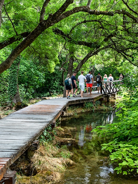 People walking on a wooden path through lush greenery in Krka National Park.