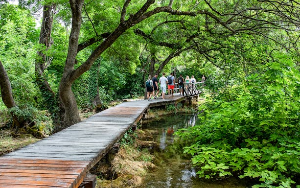 People walking on a wooden path through lush greenery in Krka National Park.