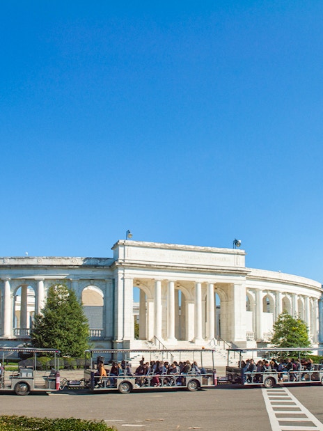 Tram tour passing Arlington National Cemetery Memorial amphitheater in Washington, D.C.