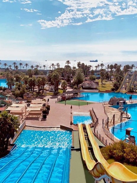 Aquopolis Costa Daurada water park with slides and pools in Tarragona, Spain.