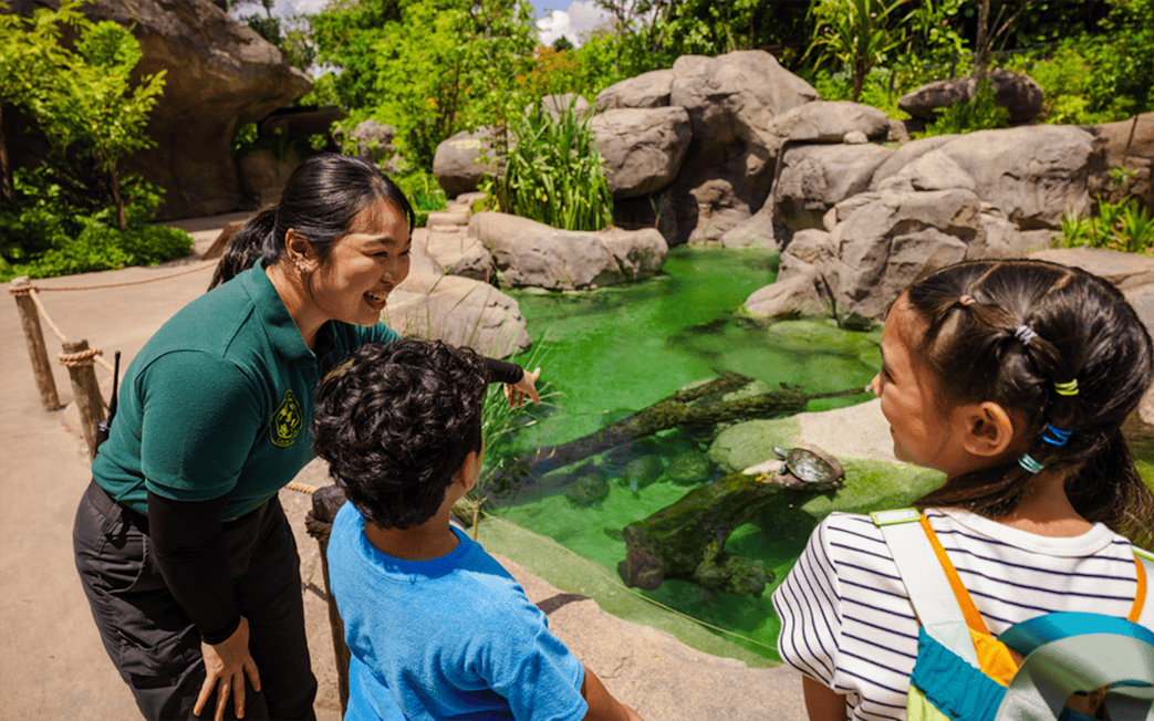 Ranger explaining pond ecosystem to children at entrance pond.