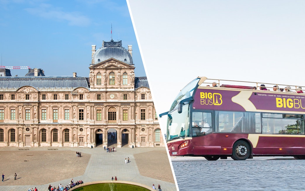 Louvre Museum facade and Big Bus tour bus in Paris.