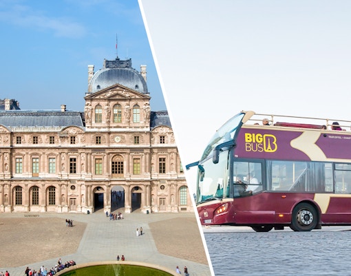 Museo del Louvre con el autobús turístico de Big Bus en París.