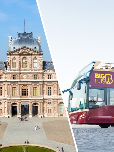 Louvre Museum facade and Big Bus tour bus in Paris.