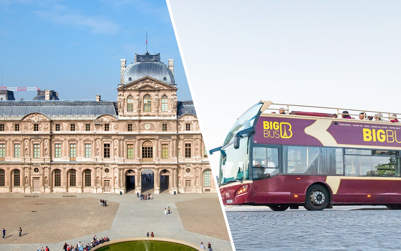Louvre Museum facade and Big Bus tour bus in Paris.