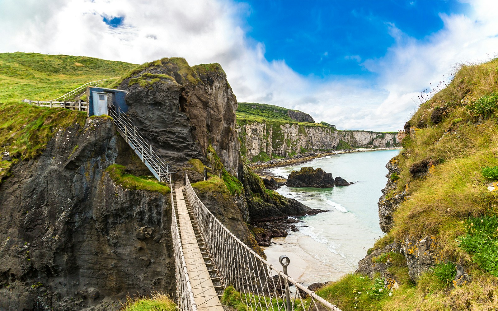 Carrick-A-Rede Rope Bridge spanning cliffs over the sea near Belfast.