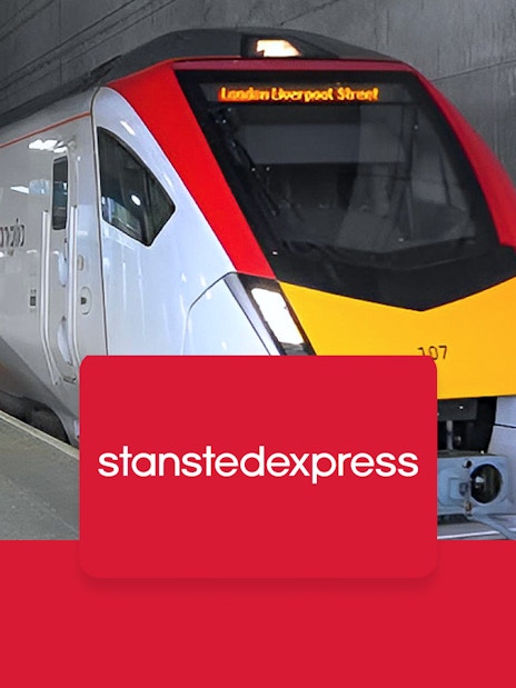 Stansted Express train at platform for London Liverpool Street route.