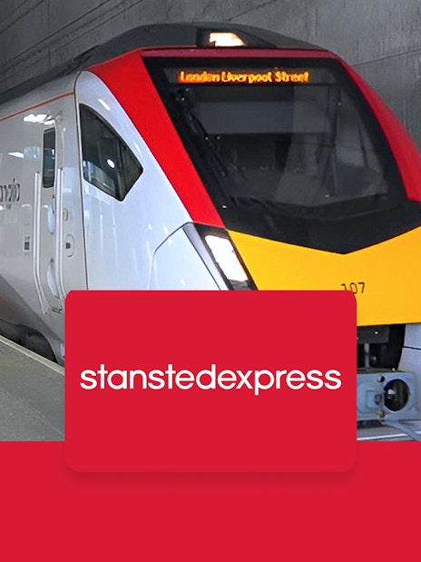 Stansted Express train at platform for London Liverpool Street route.