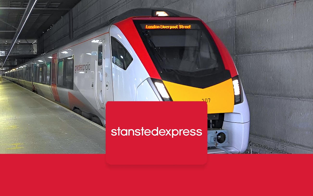 Stansted Express train at platform for London Liverpool Street route.