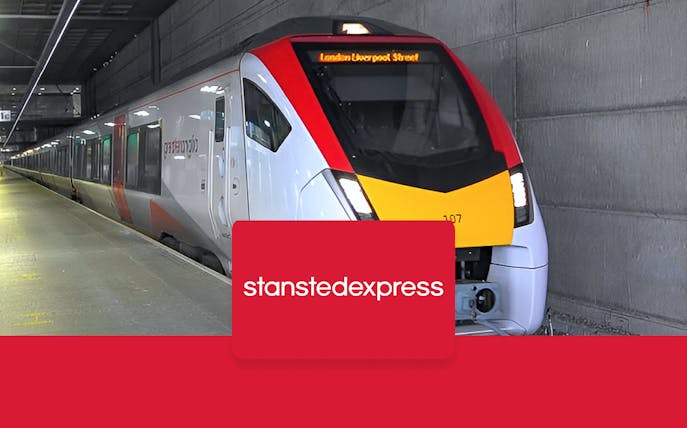 Stansted Express train at platform for London Liverpool Street route.