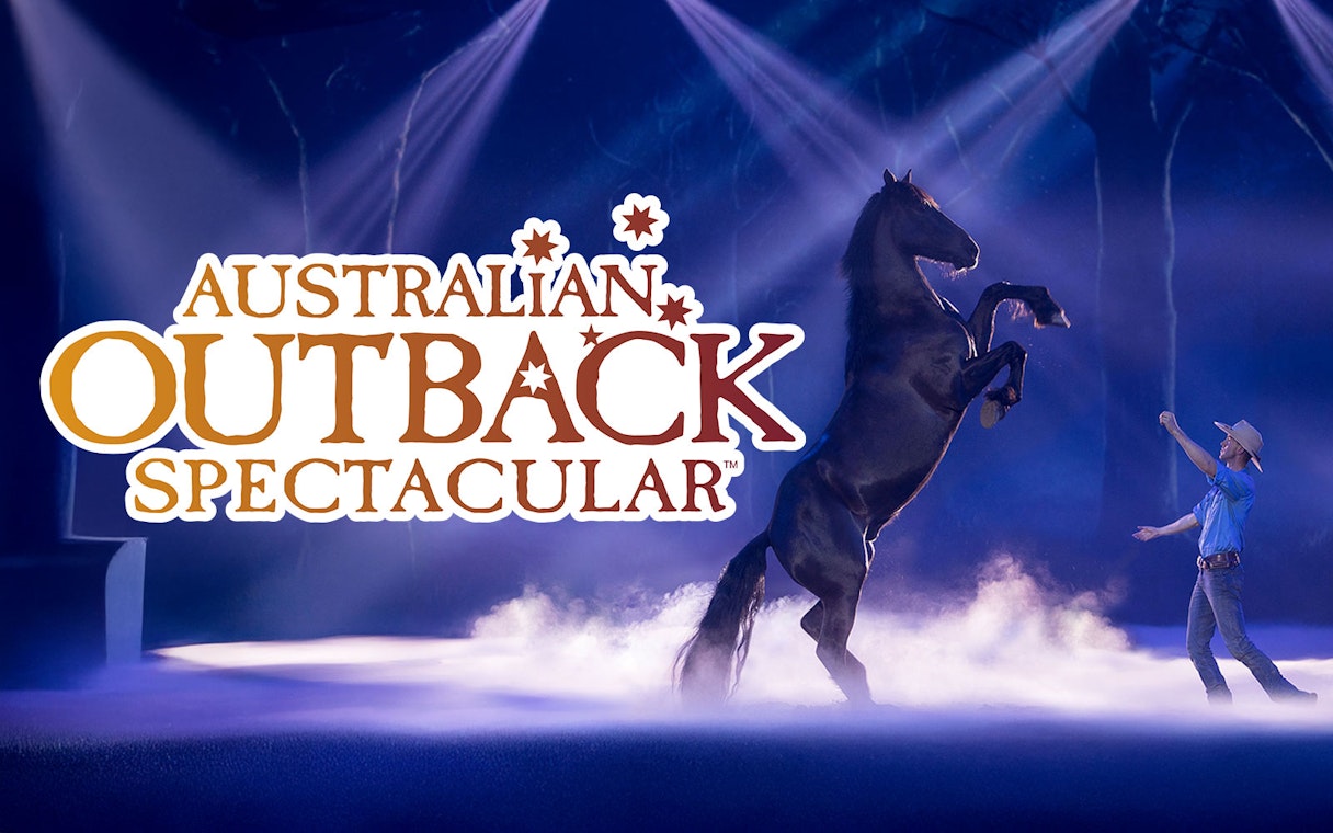 Performer with rearing horse at Australian Outback Spectacular stage show.