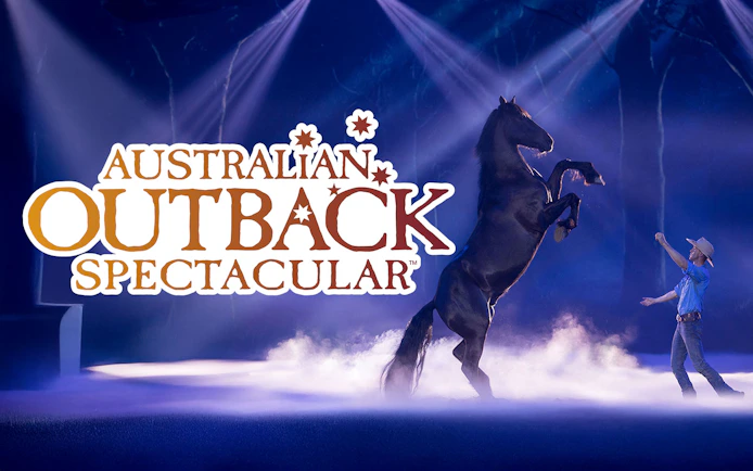 Performer with rearing horse at Australian Outback Spectacular stage show.