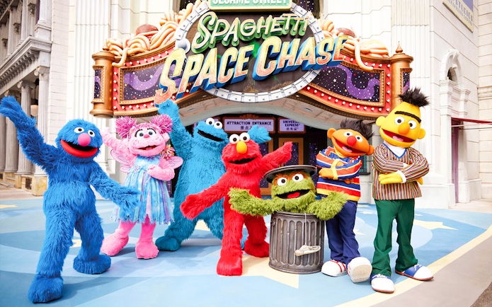 Sesame Street characters at Universal Studios Singapore's Spaghetti Space Chase entrance.